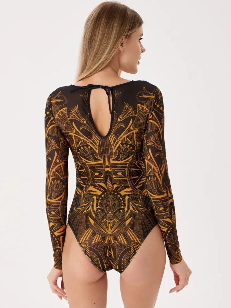 back view of long sleeve high-waisted bikini set
