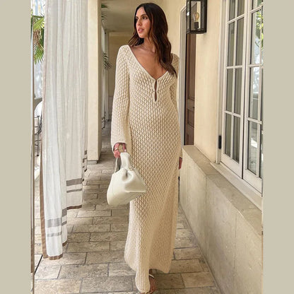 Close-up of deep V-neck in Women's Lunar Lace Long-Sleeve Cover-Up