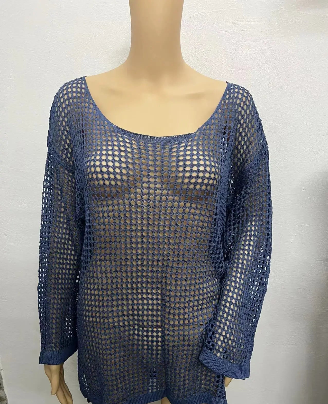 Close-up of sheer knit texture in Women's Mesh Glow Sweater Cover-Up