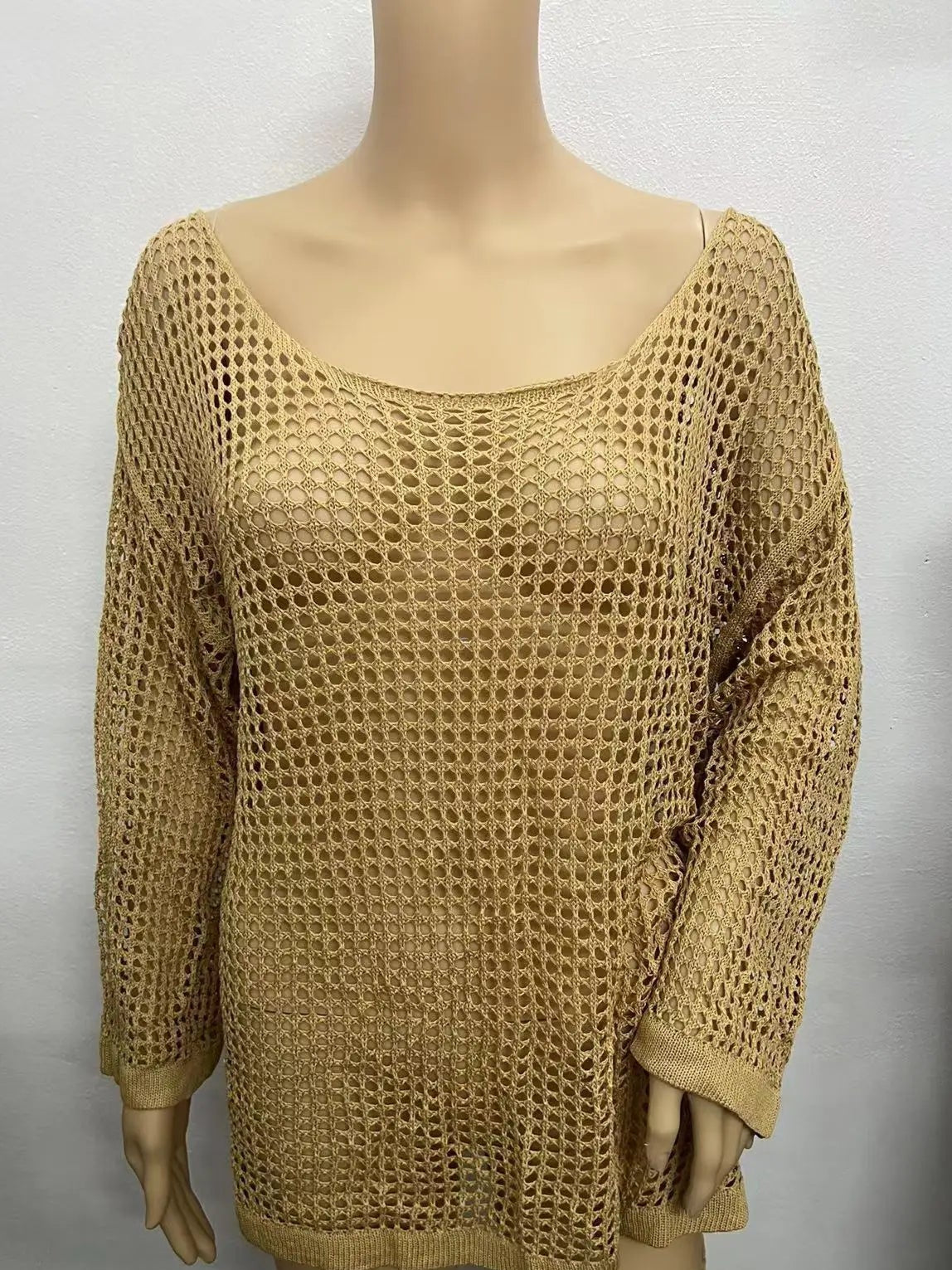 Close-up of sheer knit texture in Women's Mesh Glow Sweater Cover-Up gray