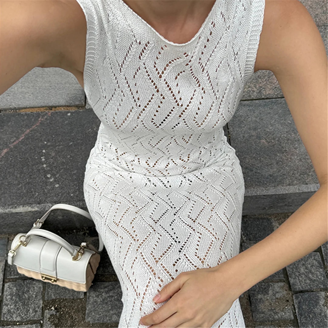  O-neck sleeveless crochet tunic beach dress women’s cover-up
