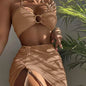 Model wearing mesh overlay off the shoulders unique gray style 