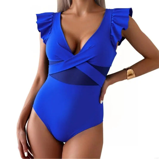 Front view of women's one-piece swimsuit with V-neck and ruffle detail