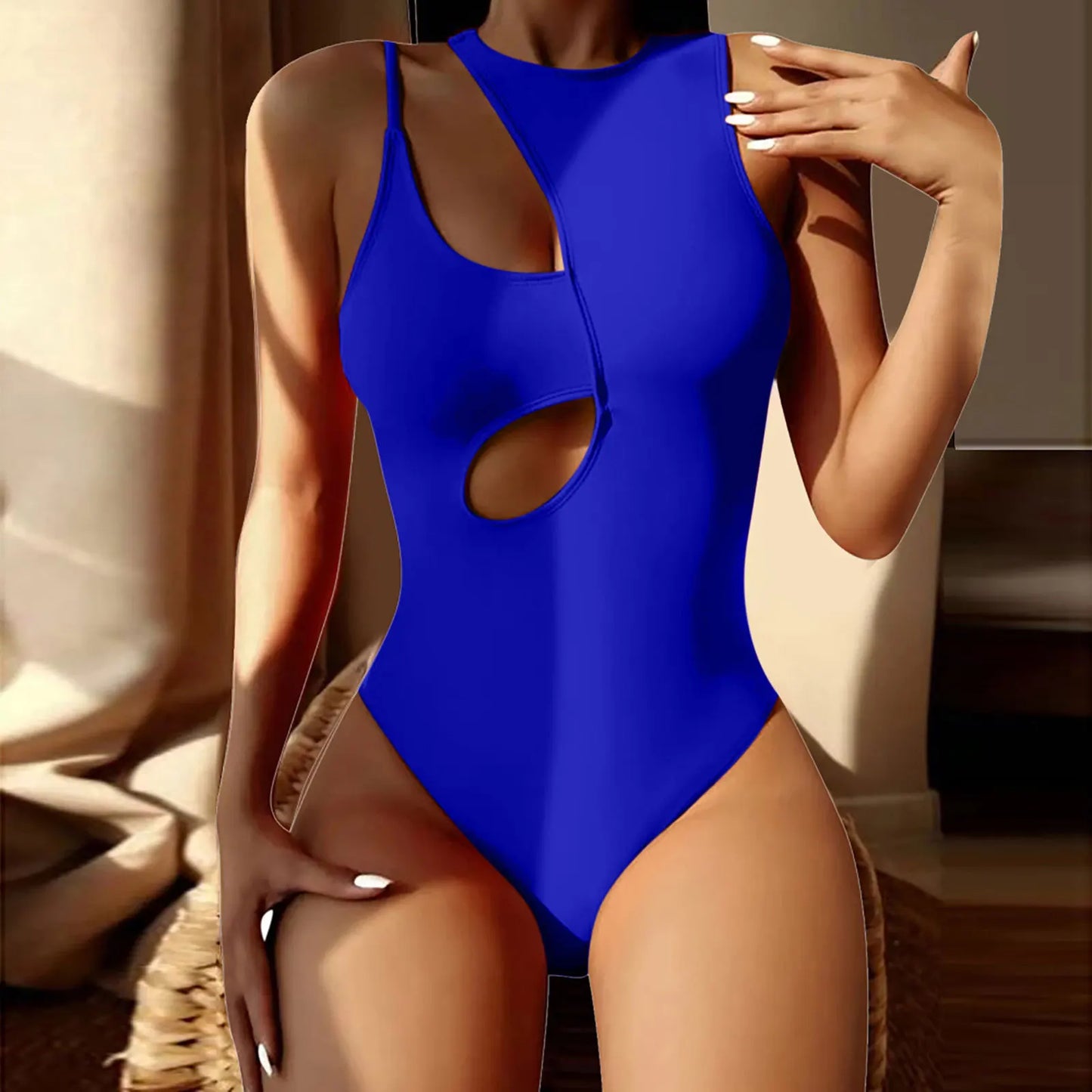 One-Shoulder High-Waist Swimsuit in solid color – front view