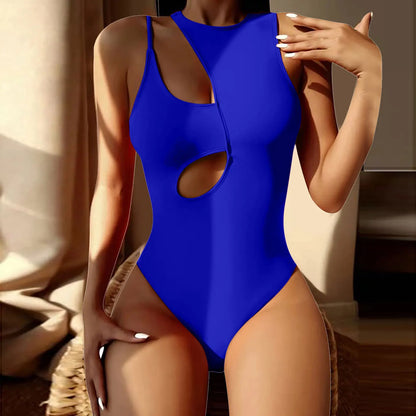 One-Shoulder High-Waist Swimsuit in solid color – front view