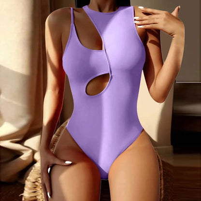 Model wearing summer one-piece swimsuit 