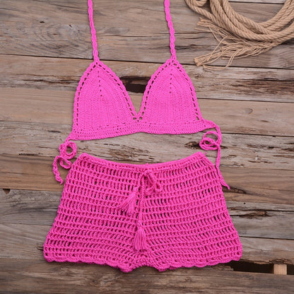 Sexy Crochet Bikini Two Pieces Set Halter Bra Tie Top Knitted Shorts Biquini Summer Beach Swimwear Hollow Swimsuit Bathing Suit-17