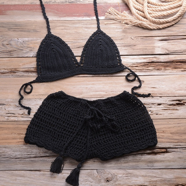 Sexy Crochet Bikini Two Pieces Set Halter Bra Tie Top Knitted Shorts Biquini Summer Beach Swimwear Hollow Swimsuit Bathing Suit-23