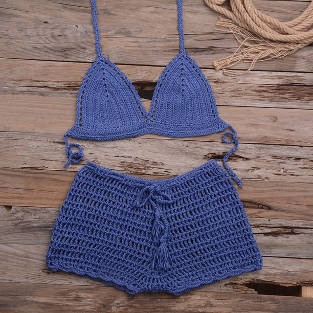 Sexy Crochet Bikini Two Pieces Set Halter Bra Tie Top Knitted Shorts Biquini Summer Beach Swimwear Hollow Swimsuit Bathing Suit-41
