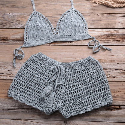 Sexy Crochet Bikini Two Pieces Set Halter Bra Tie Top Knitted Shorts Biquini Summer Beach Swimwear Hollow Swimsuit Bathing Suit-18