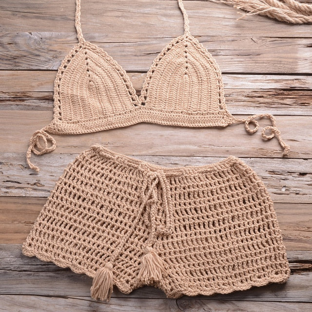 Sexy Crochet Bikini Two Pieces Set Halter Bra Tie Top Knitted Shorts Biquini Summer Beach Swimwear Hollow Swimsuit Bathing Suit-33