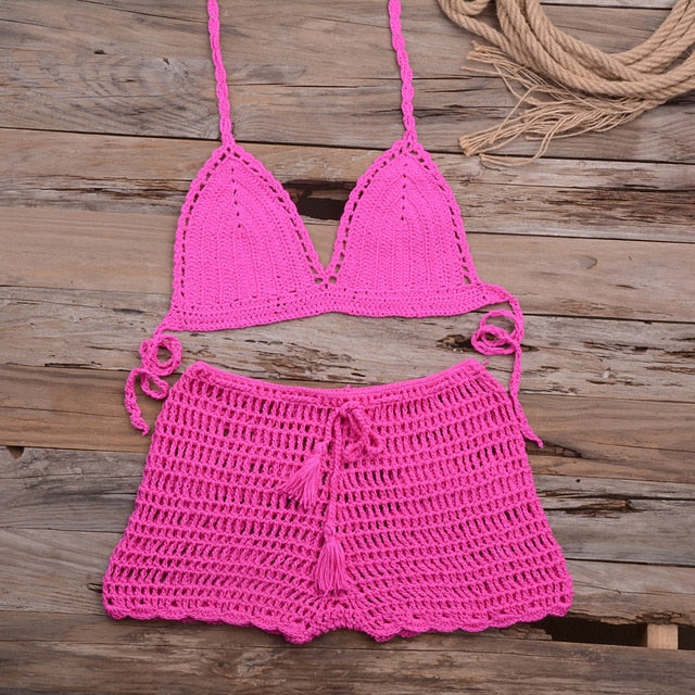 Sexy Crochet Bikini Two Pieces Set Halter Bra Tie Top Knitted Shorts Biquini Summer Beach Swimwear Hollow Swimsuit Bathing Suit-1