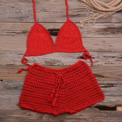 Sexy Crochet Bikini Two Pieces Set Halter Bra Tie Top Knitted Shorts Biquini Summer Beach Swimwear Hollow Swimsuit Bathing Suit-2