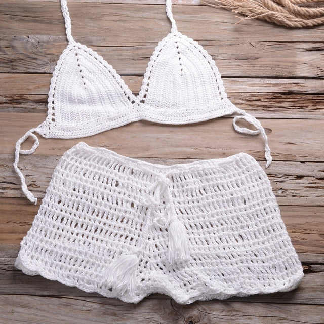 Sexy Crochet Bikini Two Pieces Set Halter Bra Tie Top Knitted Shorts Biquini Summer Beach Swimwear Hollow Swimsuit Bathing Suit-32