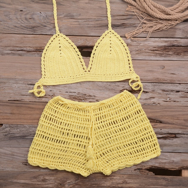 Sexy Crochet Bikini Two Pieces Set Halter Bra Tie Top Knitted Shorts Biquini Summer Beach Swimwear Hollow Swimsuit Bathing Suit-30
