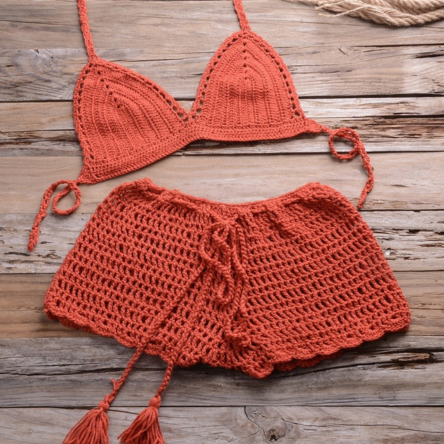 Sexy Crochet Bikini Two Pieces Set Halter Bra Tie Top Knitted Shorts Biquini Summer Beach Swimwear Hollow Swimsuit Bathing Suit-16