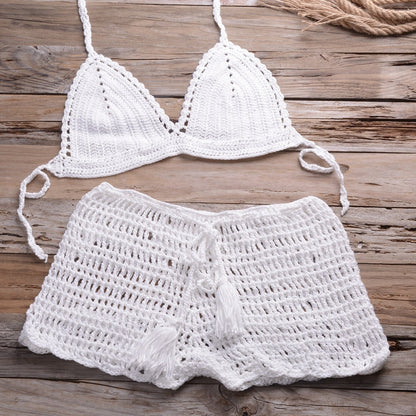 Sexy Crochet Bikini Two Pieces Set Halter Bra Tie Top Knitted Shorts Biquini Summer Beach Swimwear Hollow Swimsuit Bathing Suit-34
