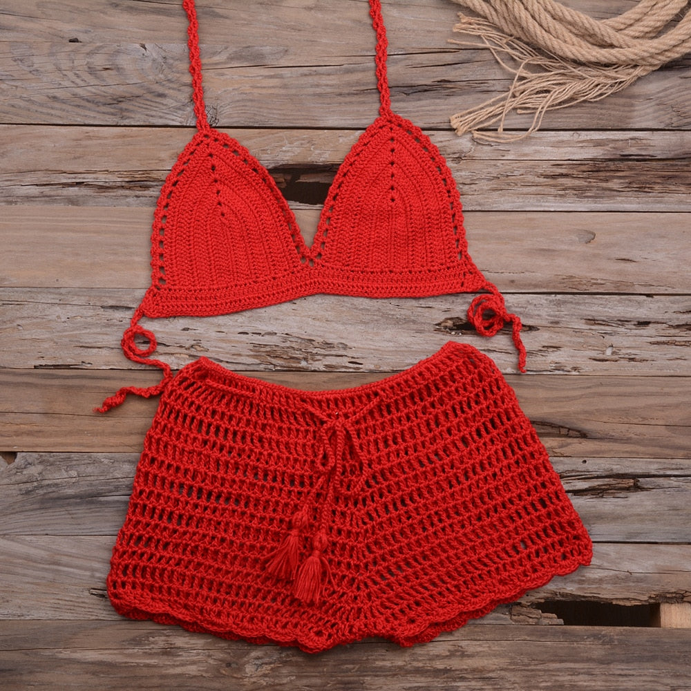 Sexy Crochet Bikini Two Pieces Set Halter Bra Tie Top Knitted Shorts Biquini Summer Beach Swimwear Hollow Swimsuit Bathing Suit-25