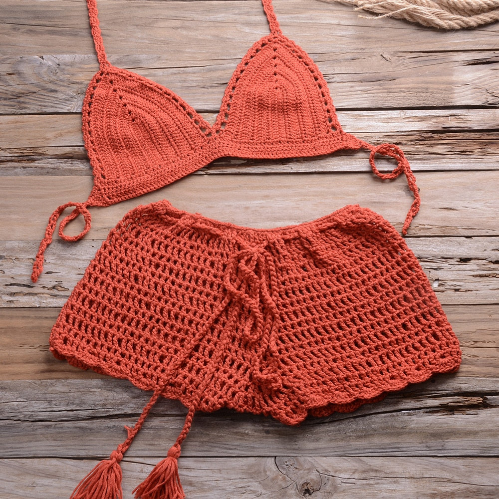 Sexy Crochet Bikini Two Pieces Set Halter Bra Tie Top Knitted Shorts Biquini Summer Beach Swimwear Hollow Swimsuit Bathing Suit-38