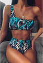 Print One Shoulder High Waist two Pieces Bikini set With Headband Women Swimwear Bathing Suit Swimsuit Female Sexy Holiday Beach-0