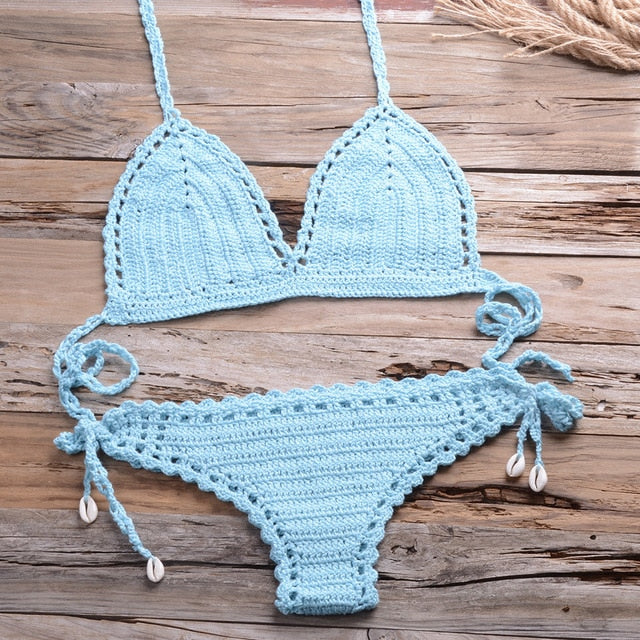 Sexy Crochet Bikini Two Pieces Set Halter Bra Tie Top Knitted Shorts Biquini Summer Beach Swimwear Hollow Swimsuit Bathing Suit-8