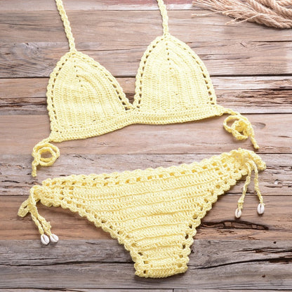 Sexy Crochet Bikini Two Pieces Set Halter Bra Tie Top Knitted Shorts Biquini Summer Beach Swimwear Hollow Swimsuit Bathing Suit-14