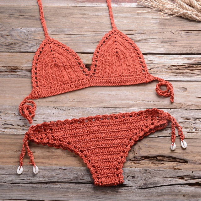Sexy Crochet Bikini Two Pieces Set Halter Bra Tie Top Knitted Shorts Biquini Summer Beach Swimwear Hollow Swimsuit Bathing Suit-20