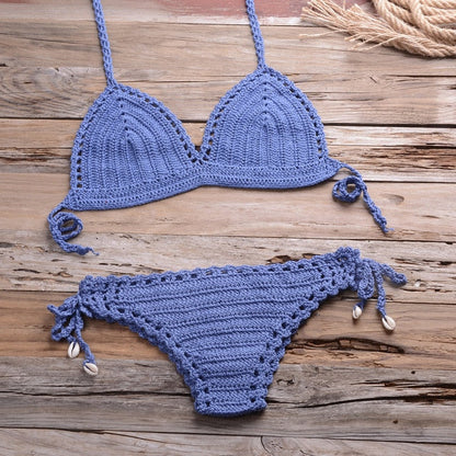 Sexy Crochet Bikini Two Pieces Set Halter Bra Tie Top Knitted Shorts Biquini Summer Beach Swimwear Hollow Swimsuit Bathing Suit-29