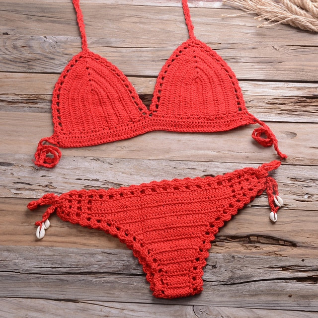 Sexy Crochet Bikini Two Pieces Set Halter Bra Tie Top Knitted Shorts Biquini Summer Beach Swimwear Hollow Swimsuit Bathing Suit-10