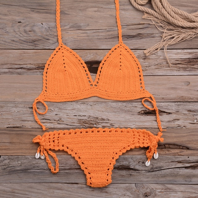 Sexy Crochet Bikini Two Pieces Set Halter Bra Tie Top Knitted Shorts Biquini Summer Beach Swimwear Hollow Swimsuit Bathing Suit-21