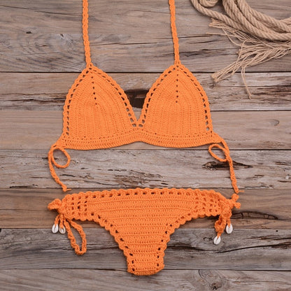 Sexy Crochet Bikini Two Pieces Set Halter Bra Tie Top Knitted Shorts Biquini Summer Beach Swimwear Hollow Swimsuit Bathing Suit-21