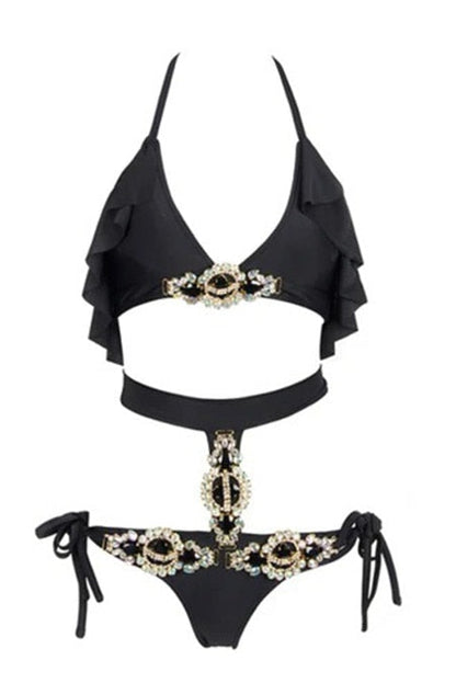 Sexy Diamonds Black Two Pieces Set Swimsuit Fashion Halter Crop Top Lace Up Bikini Bathing Suits Beach Wear Swimming Suit-11