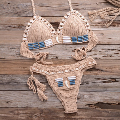 Sexy Bikini Crochet shell Set Halter Lace Up Bra Top Thong Swimsuit Beach Lady Knitted Biquini Swimming Bohemian Bathing Suit-5