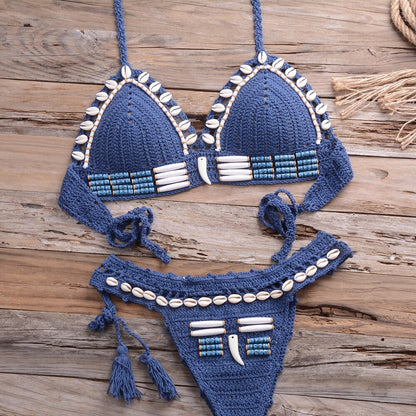 Sexy Bikini Crochet shell Set Halter Lace Up Bra Top Thong Swimsuit Beach Lady Knitted Biquini Swimming Bohemian Bathing Suit-13