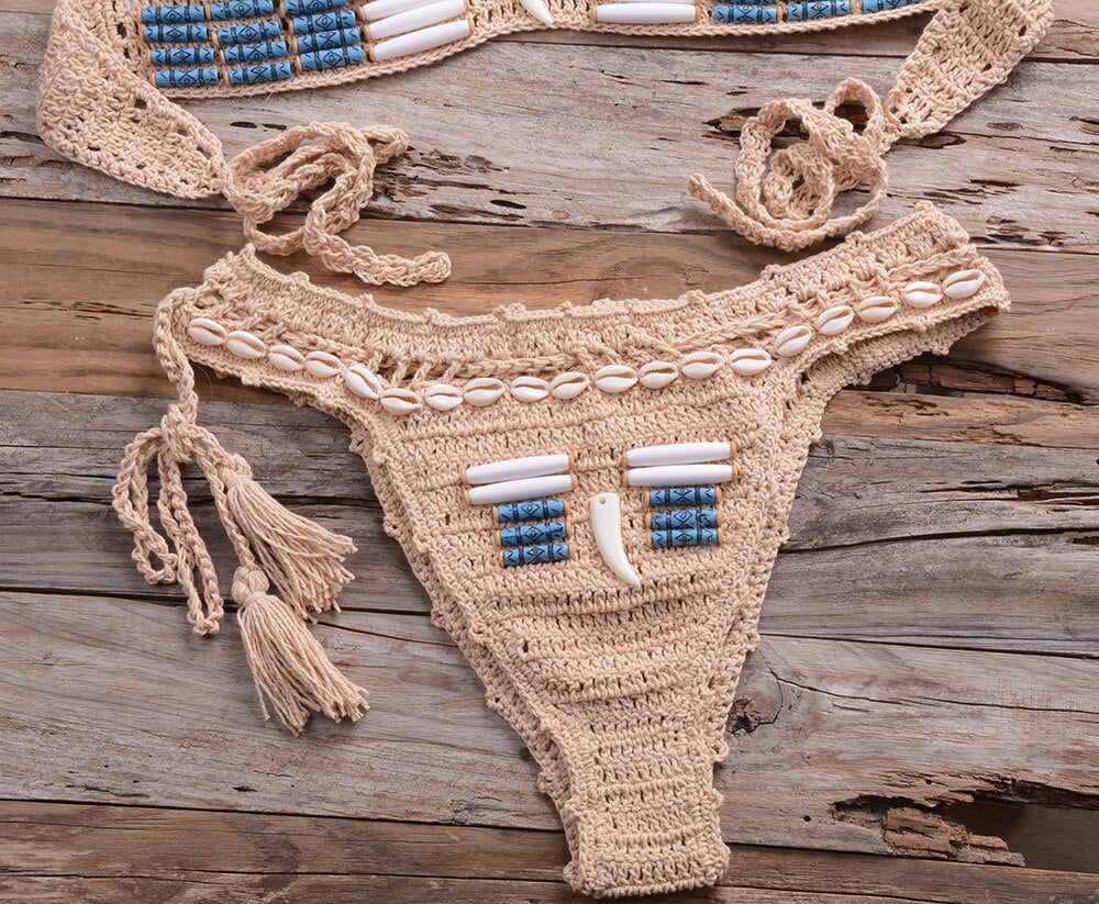 Sexy Bikini Crochet shell Set Halter Lace Up Bra Top Thong Swimsuit Beach Lady Knitted Biquini Swimming Bohemian Bathing Suit-19