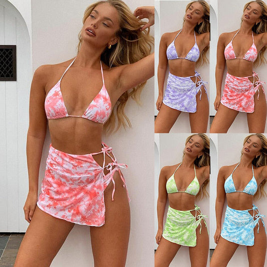 Tie Dye Print Bikini Three Piece Set Bra Top Thong Mini Skirt Swimsuit Brazilian Beach Biquini Swimming Bohemian Bathing Suit-0