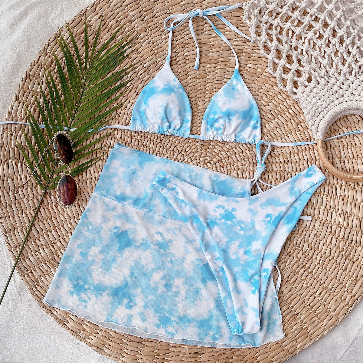 Tie Dye Print Bikini Three Piece Set Bra Top Thong Mini Skirt Swimsuit Brazilian Beach Biquini Swimming Bohemian Bathing Suit-14