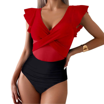 Close-up of ruffle sleeve and ruched detail on swimsuit