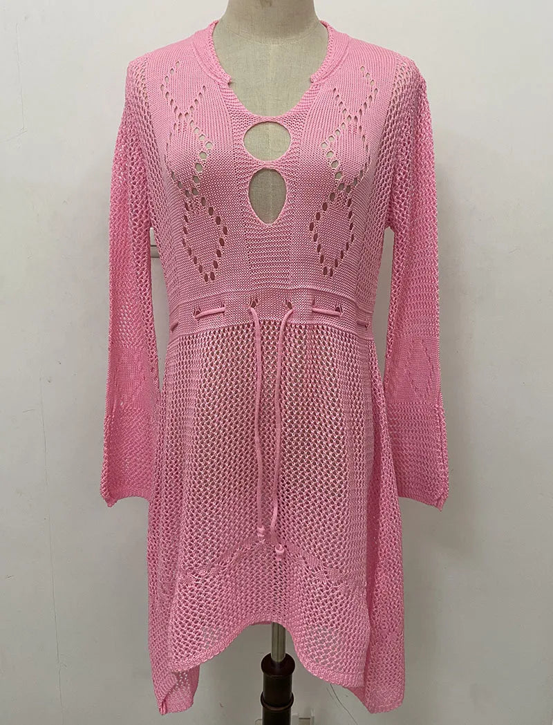 Sexy pink knitted mesh bikini cover-up tunic robe