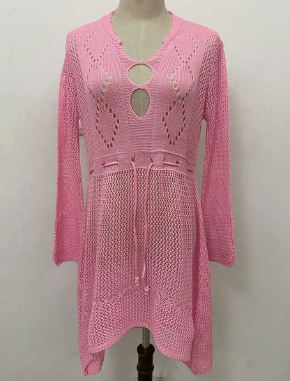 Sexy pink knitted mesh bikini cover-up tunic robe