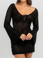  Sheer crochet knit hollow out tunic cover-up dress black front view 