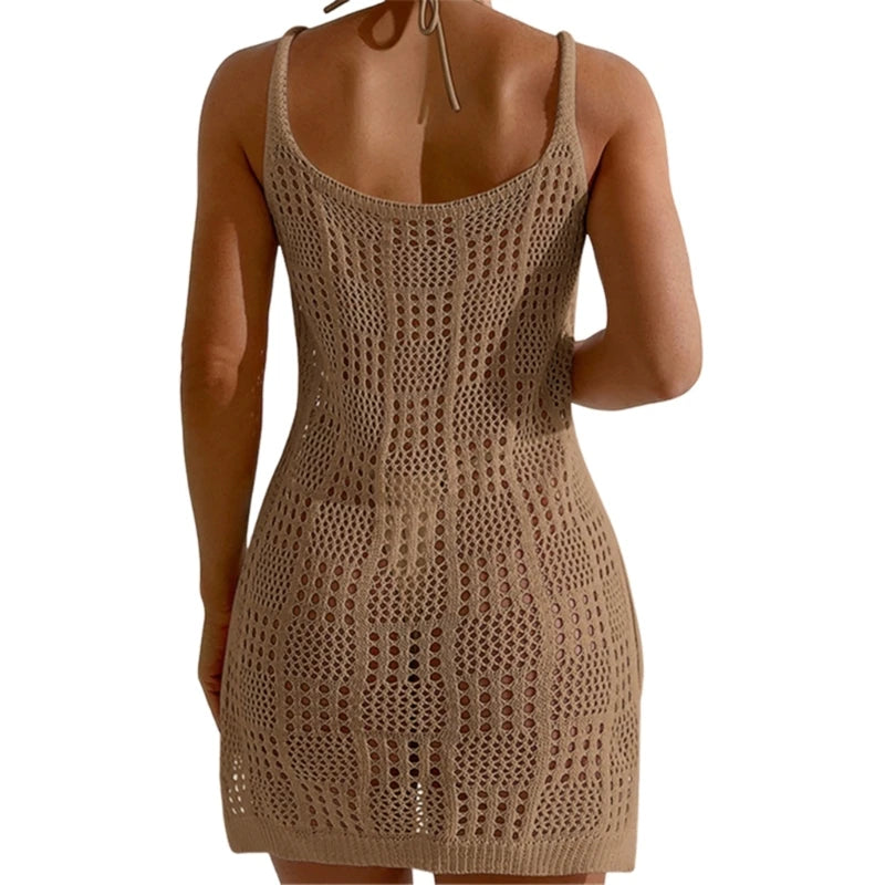 Sheer sleeveless crochet hollow out bikini cover-up dress back view 