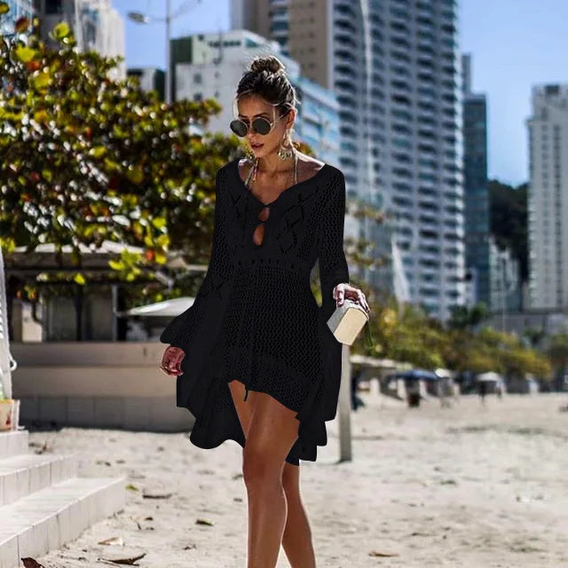 Sheer white mesh knitted swimsuit cover-up beach dress black front  view 