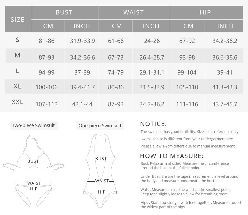 the size char for he Close-up of push-up triangle top in Women's Summer Breeze Bikini Set
