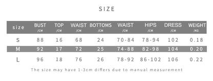 the size chart for the Close-up of vibrant tropical print on Women's Tropical Trio Set