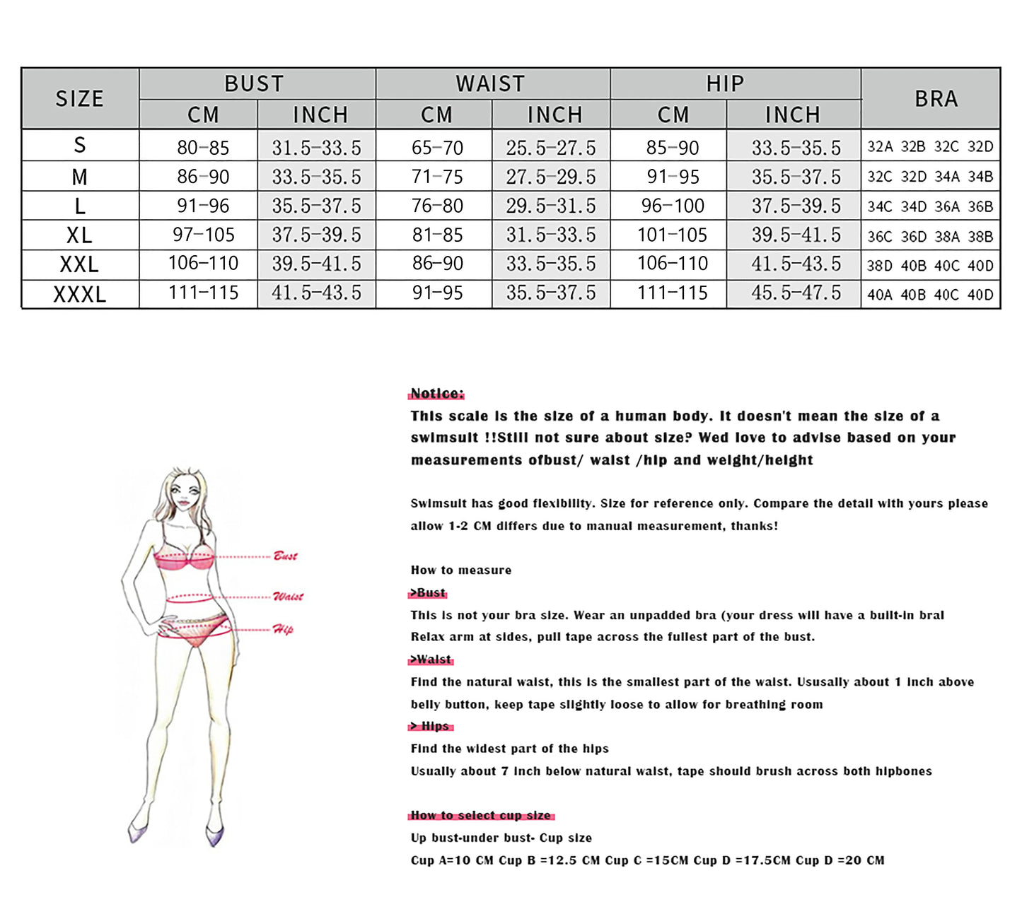 the size chart for the mesh panel bikini with high-waist Brazilian-cut bottoms