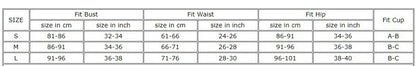 size chart shows for the New trendy beach bikini set with stylish floral print