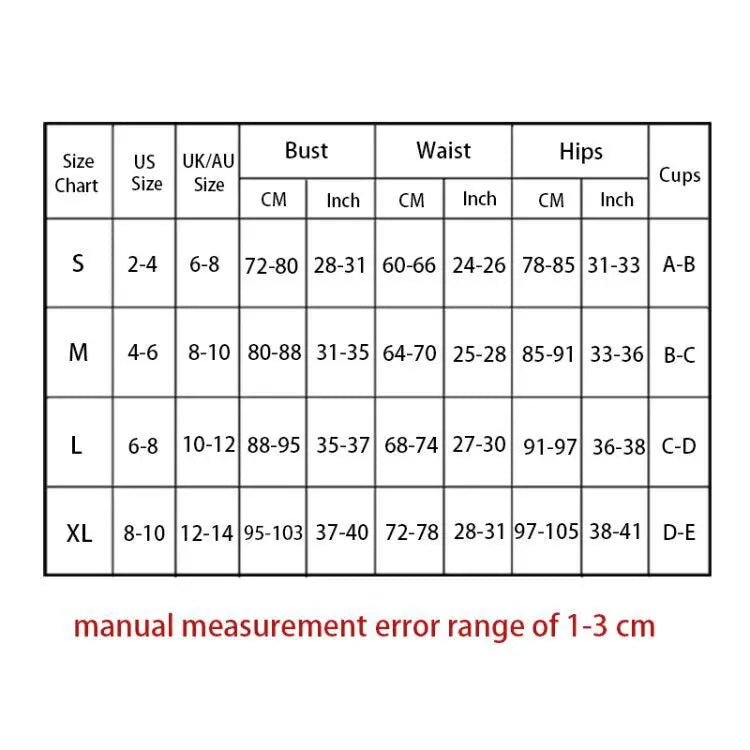 size chart shows the stylish padded bikini set