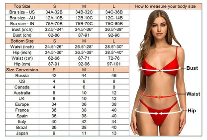 the size chart shows the Model posing in tropical location wearing Brazilian high-leg bikini