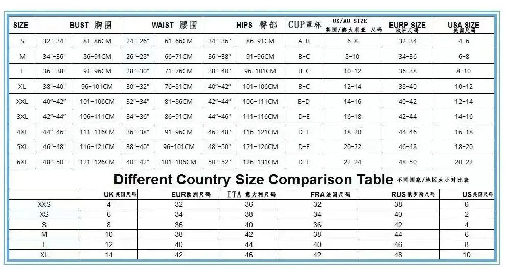 the size chart for the Supportive bikini top